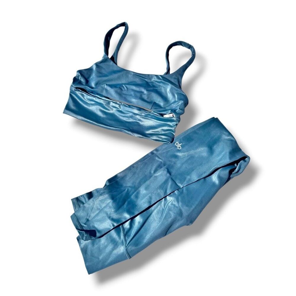 Alo Yoga High Waist Leggings & Yoga Slit Sports Bra Set High Shine Seagrass S/M - Picture 3 of 11